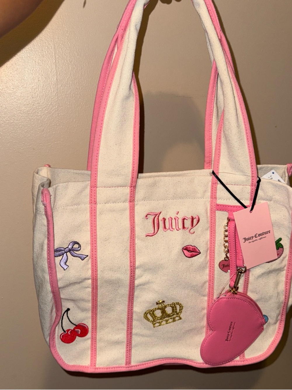 Juicy Couture Have a Juice Day Tote pink and cream canvas tote bag